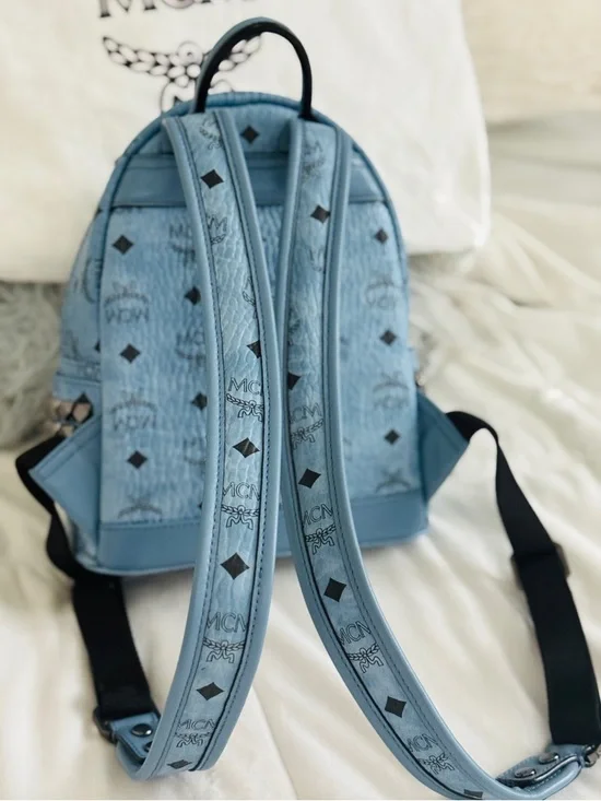 Authentic MCM Stark Mini Backpack Blue Visetos Studded 8x10x4 clean + Dust Bag - Picture 6 of 16